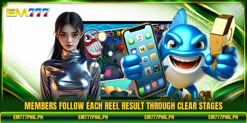 Members follow each reel result through clear stages